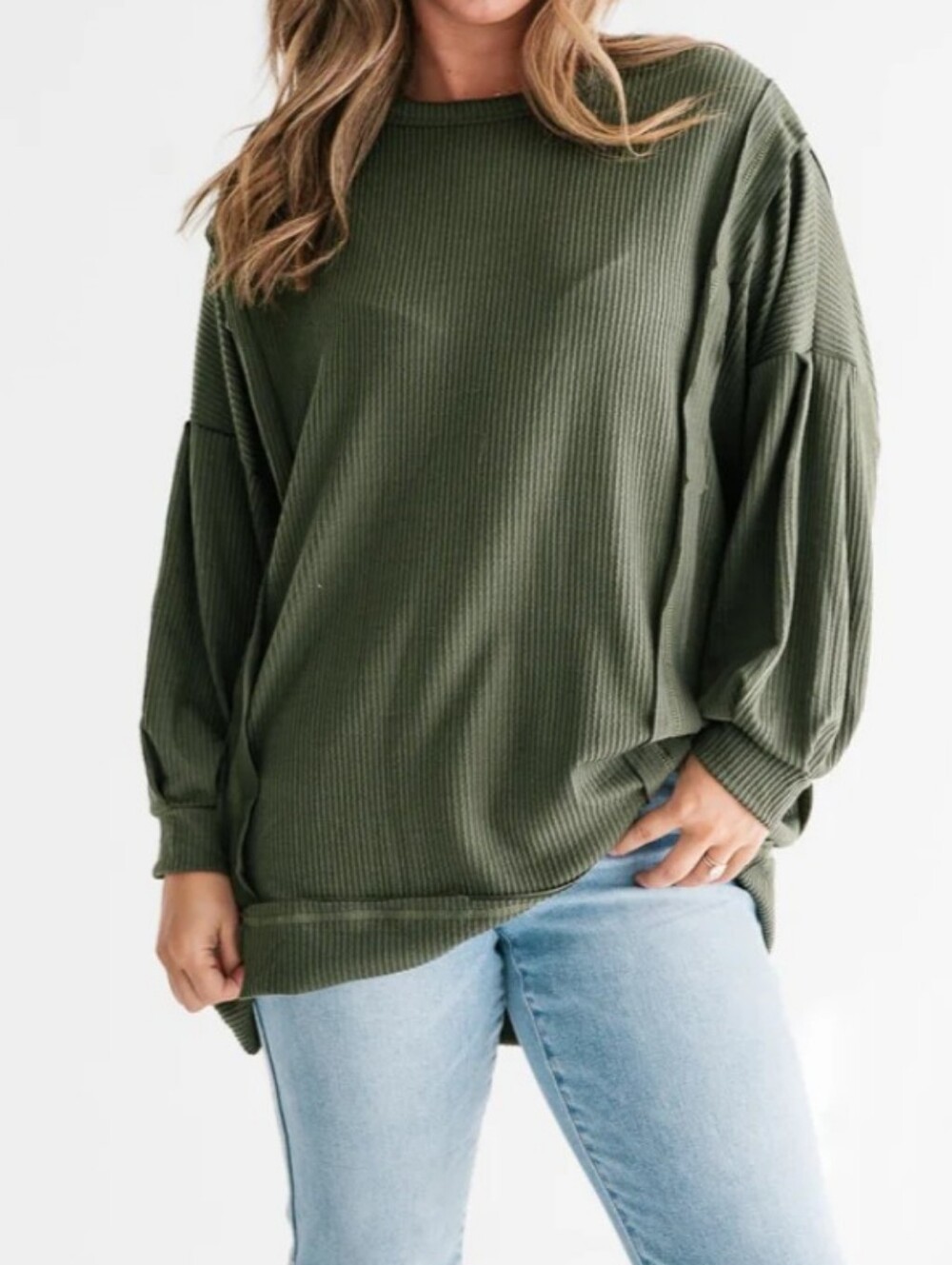 Birch & Bell Olive Green Oversized Waffle Knit Pullover Sweatshirt